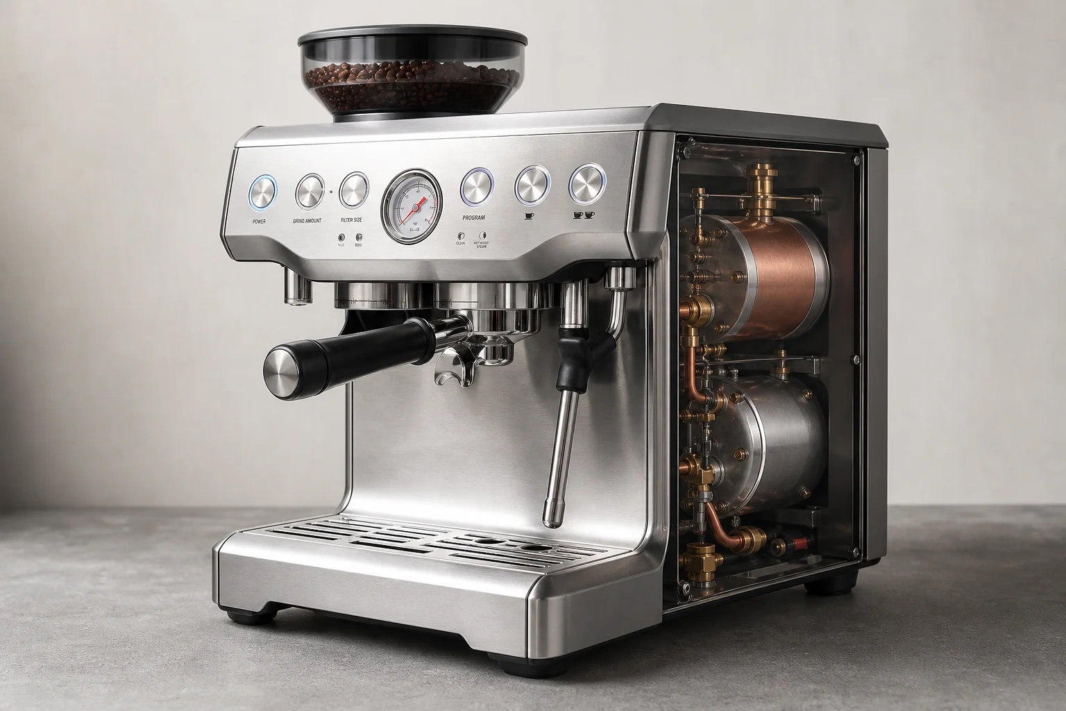 Five Gevi coffee machines displayed on concrete surface