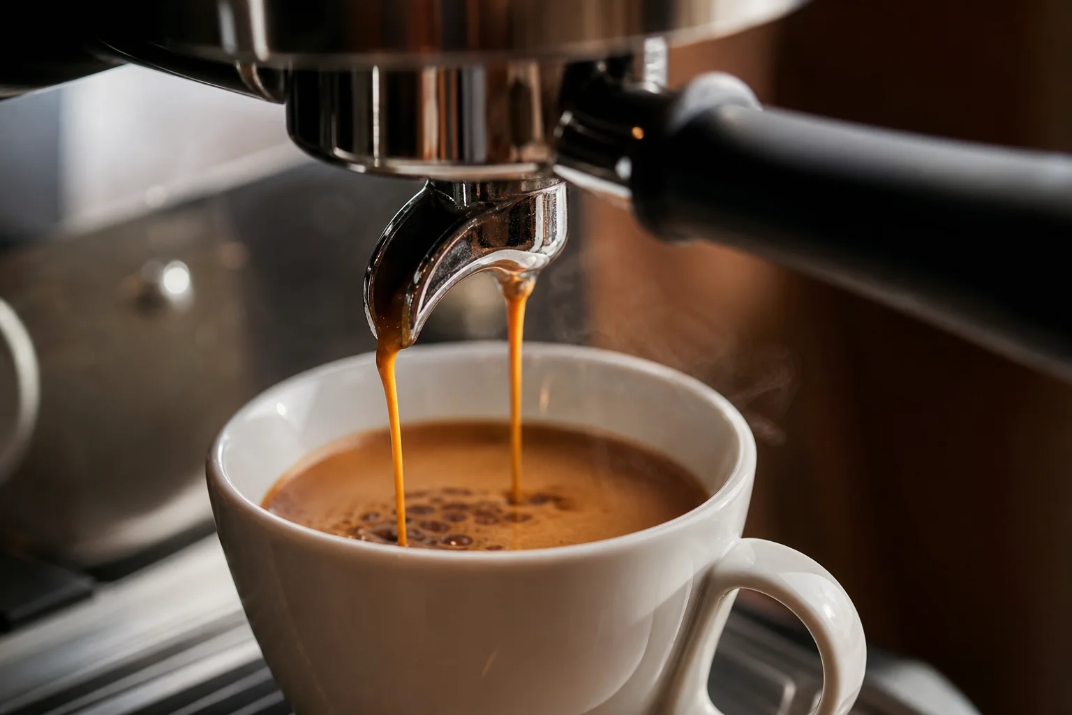 Espresso extraction with rich crema and steam rising