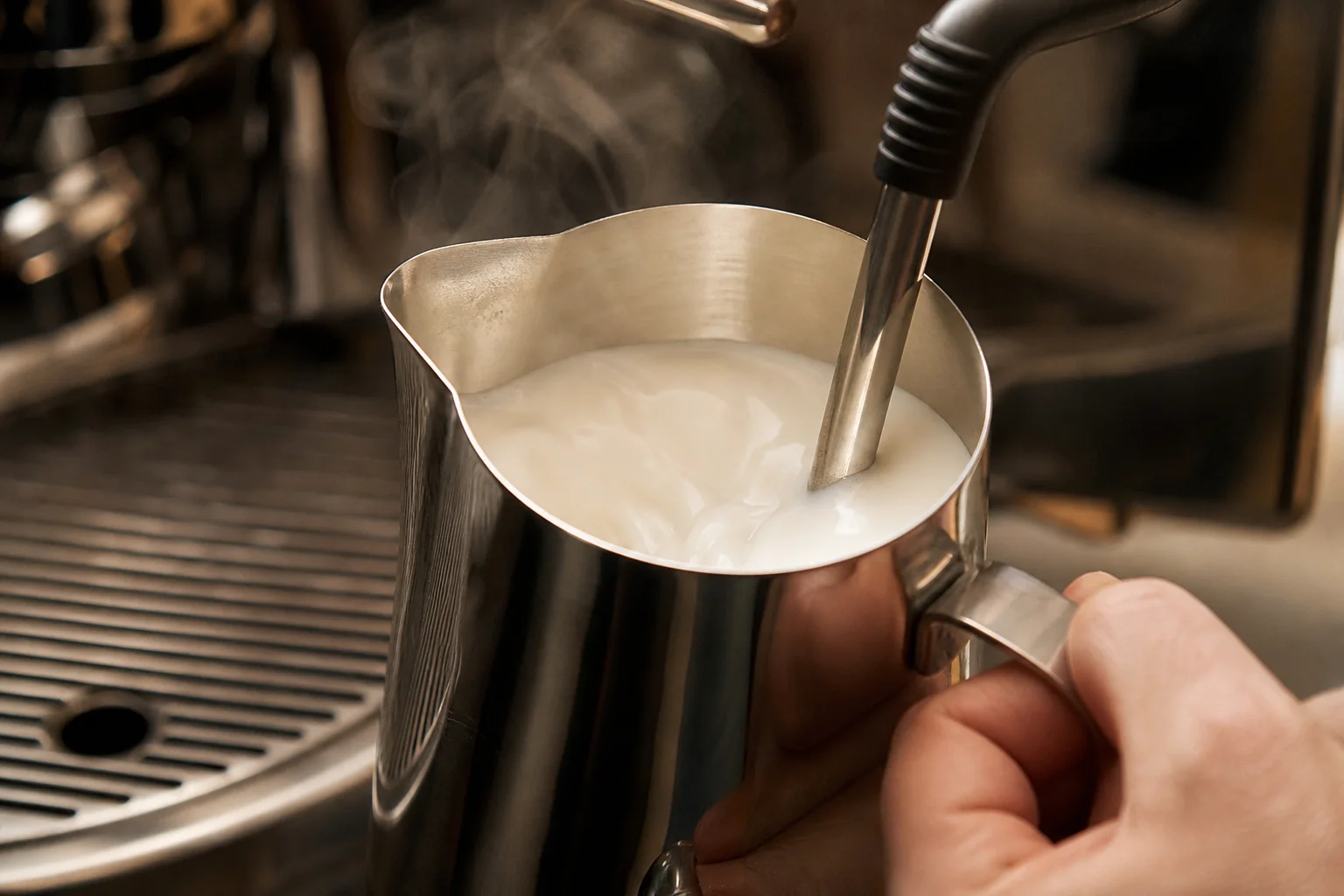 Barista steaming milk with espresso machine steam wand