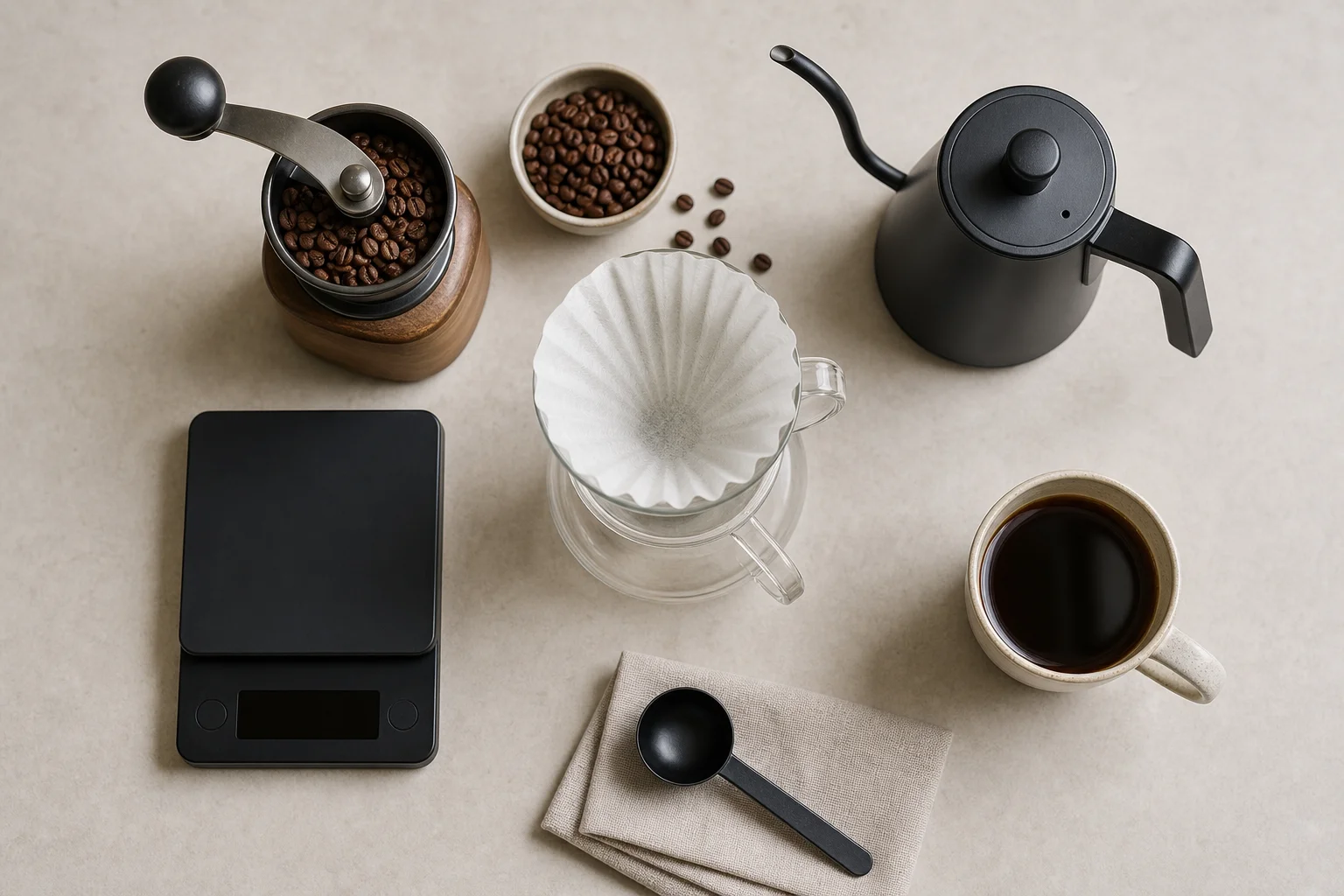 Overhead flat-lay of coffee brewing setup with scale and grinder