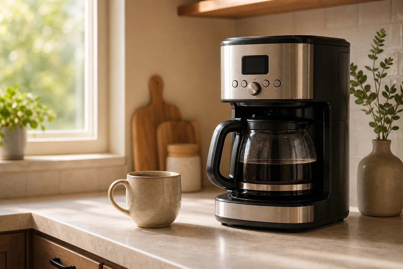 Morning kitchen scene with fresh coffee pot and cup