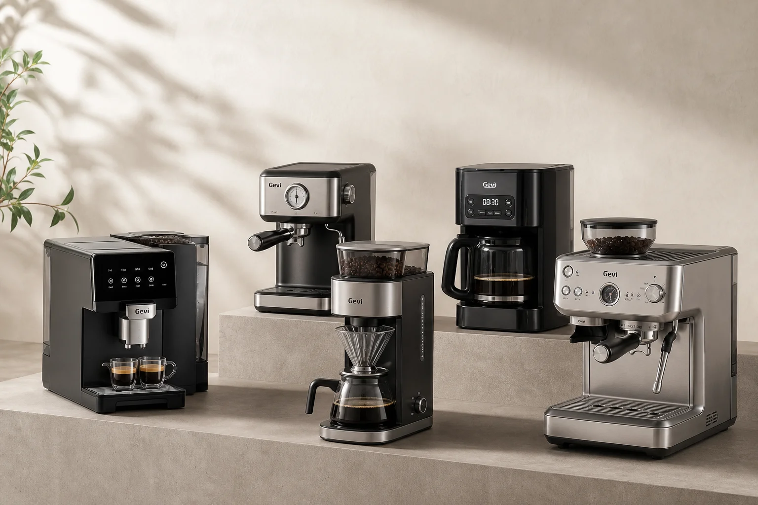 Five Gevi coffee machines displayed on concrete surface