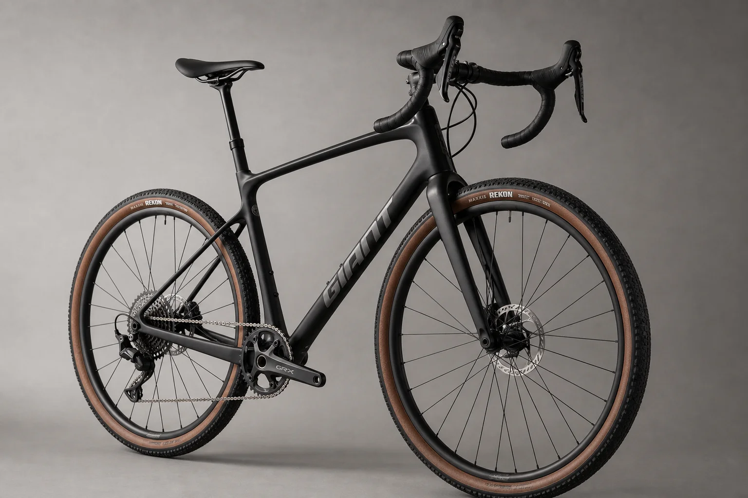 Five gravel bikes arranged in staggered composition showing different frame styles and geometries
