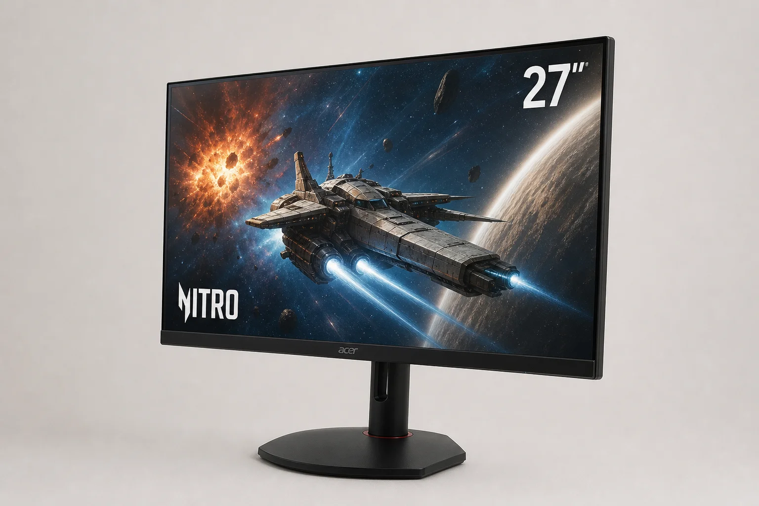 Five gaming monitors arranged on concrete showing 1440p IPS and OLED displays