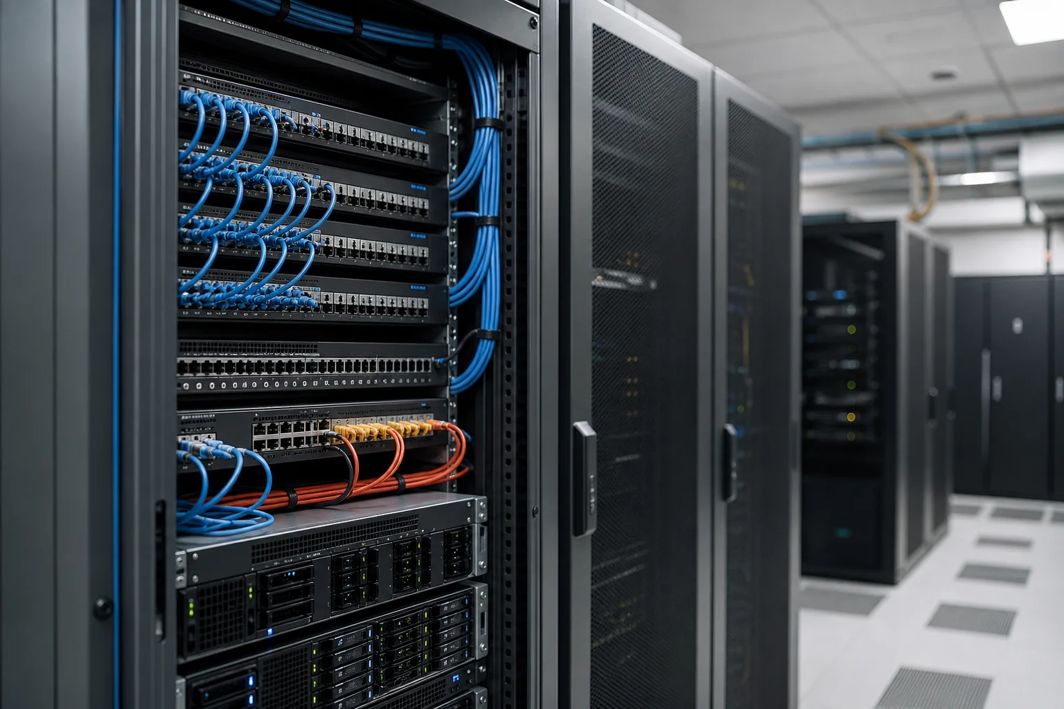 Server rack with network cables and equipment in data center