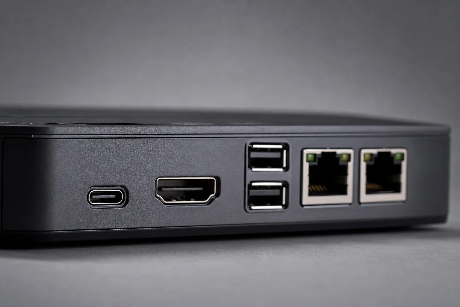 Close-up of USB-C connector and HDMI port on KVM hardware