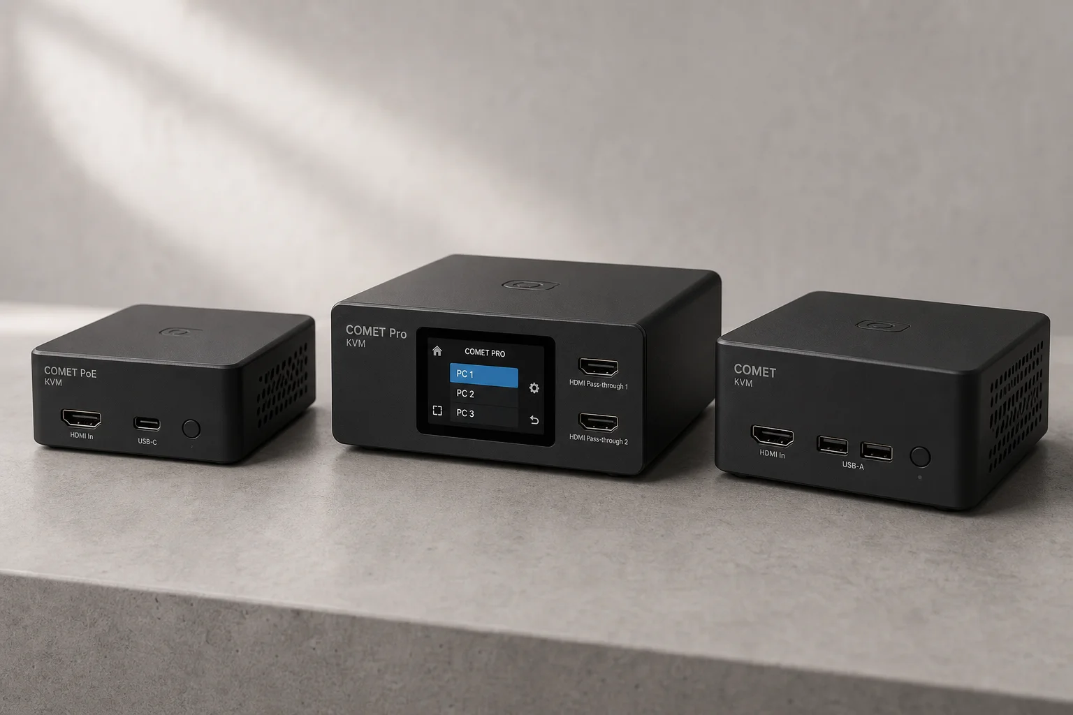 Three GL.iNet Comet KVM devices arranged on concrete surface