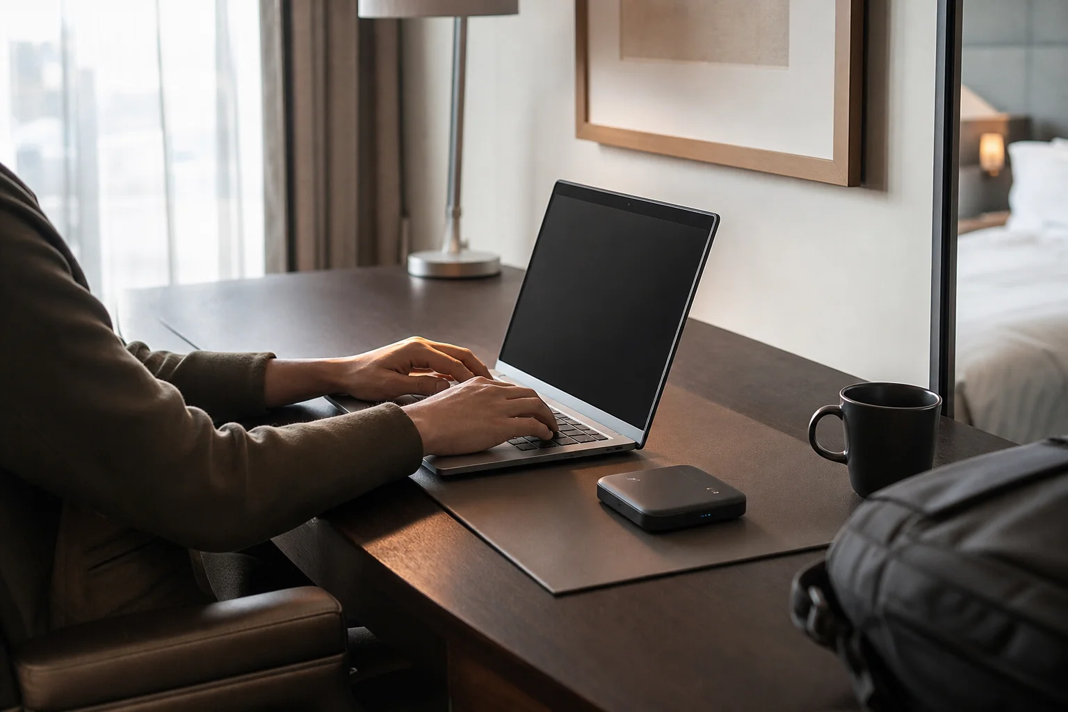 Traveler working on laptop in hotel room with router on desk