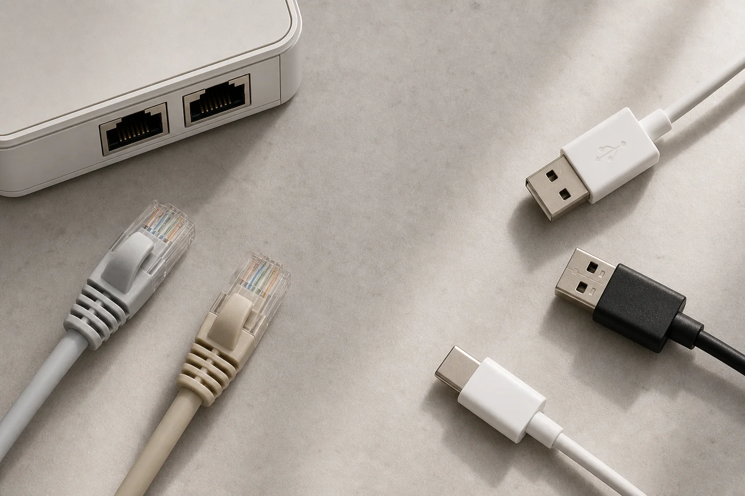 Network cables and connectivity ports arranged on neutral surface