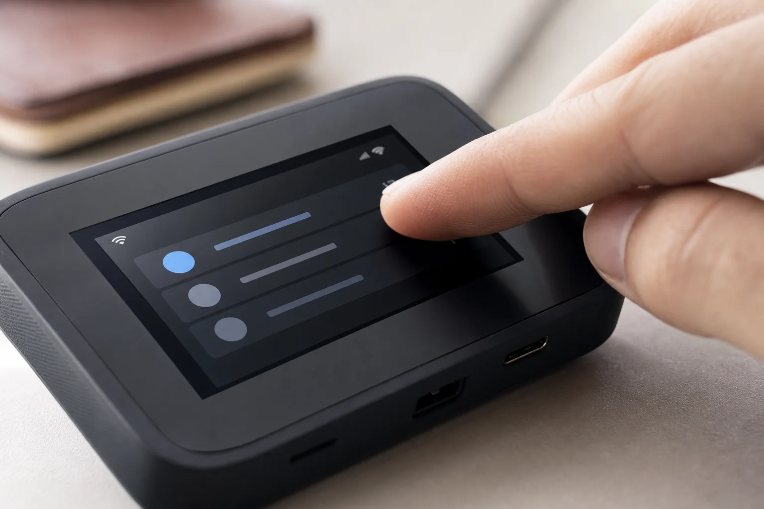 Hand interacting with travel router touchscreen showing VPN options