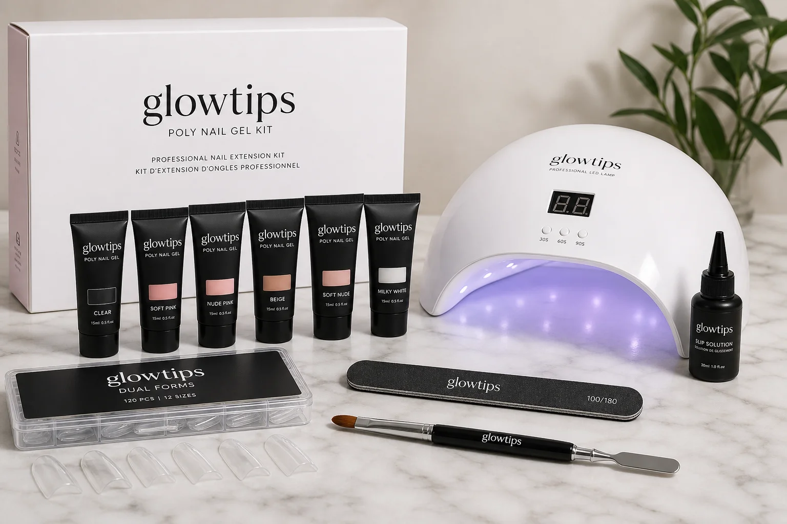 Glowtips Poly Nail Gel Kit 與 LED 美甲燈組件陳列在大理石桌面上