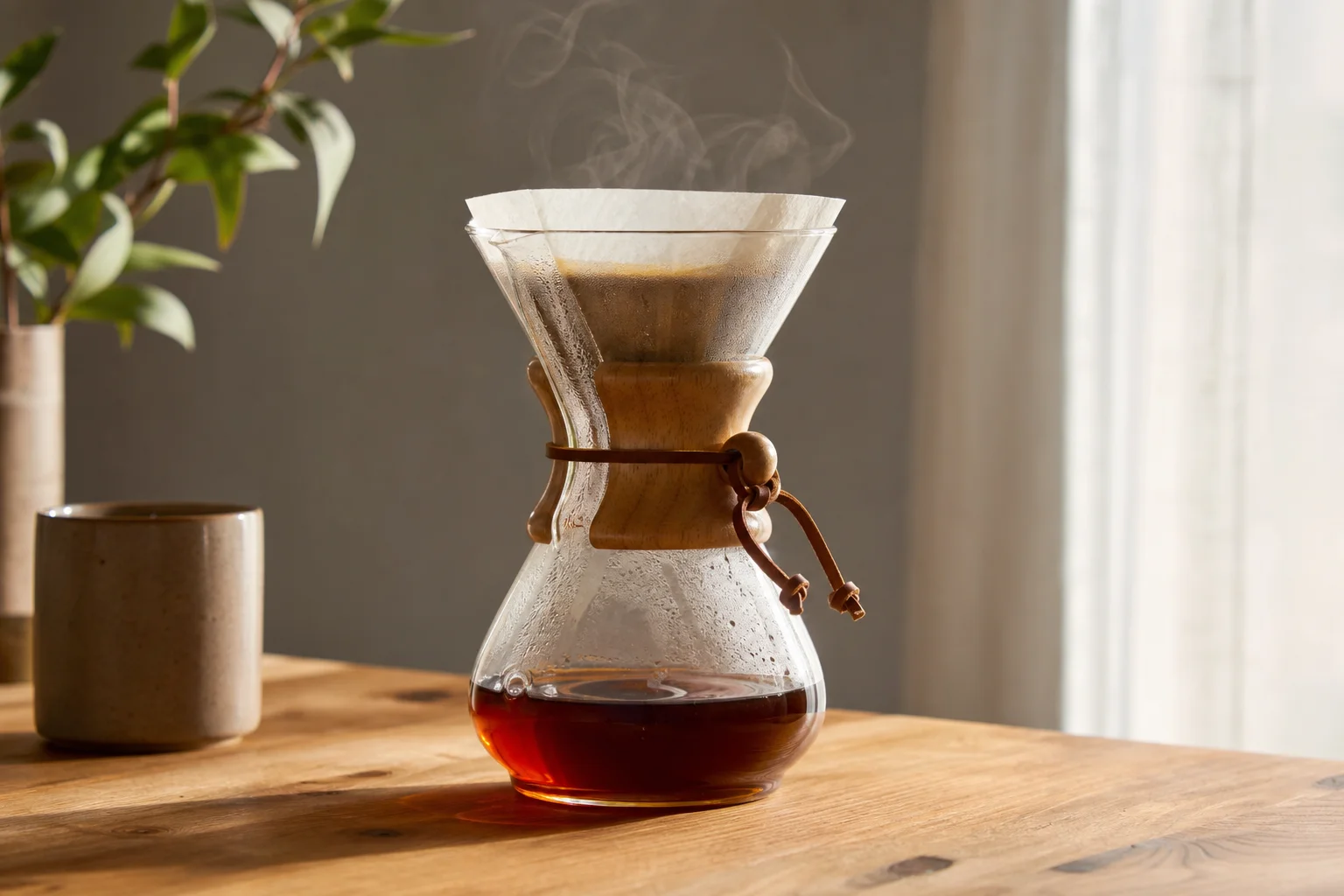 Chemex 咖啡壶中刚冲泡好的咖啡在木质桌面上冷却