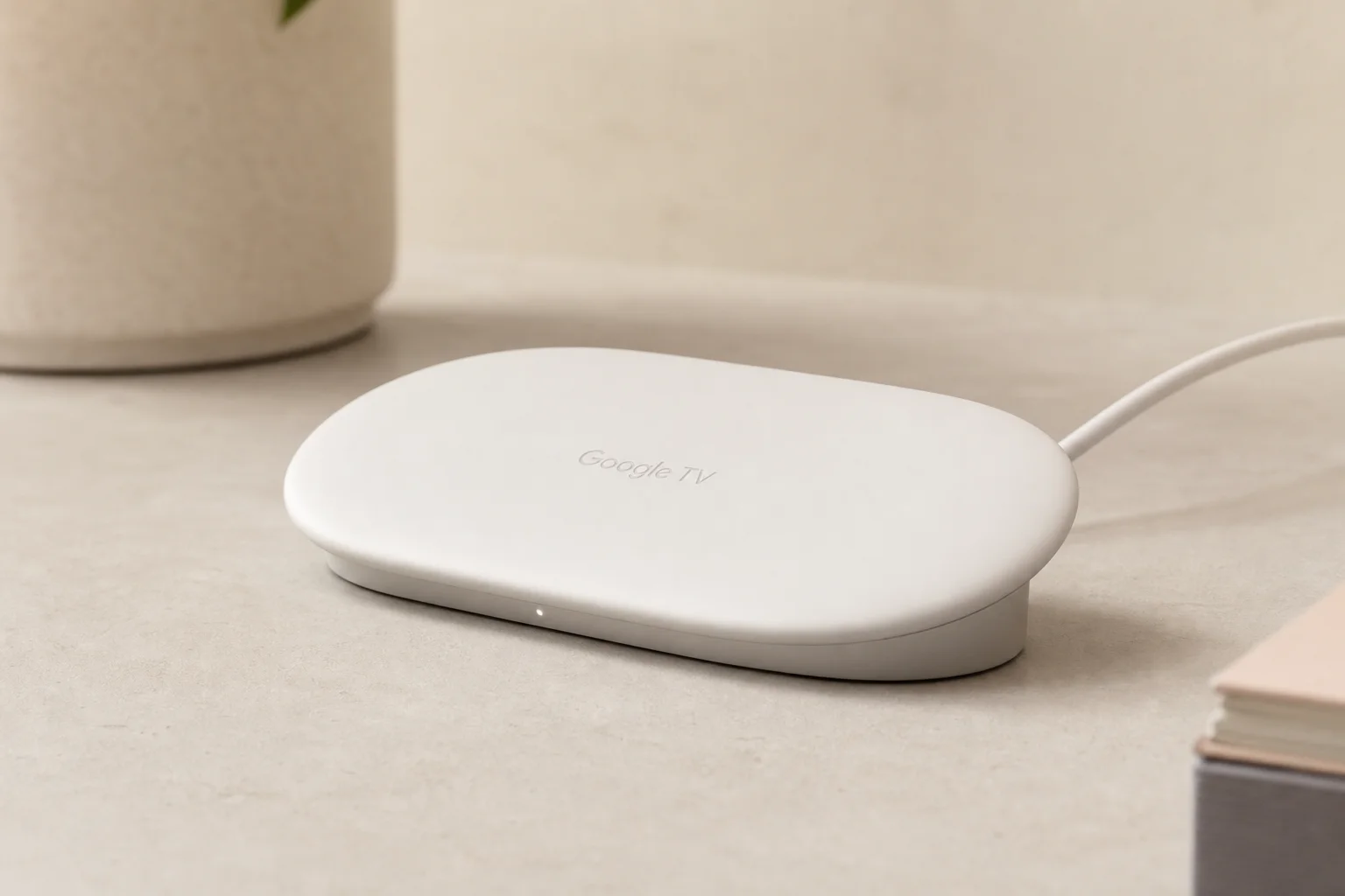 Smart home devices including hub, streaming device, thermostat, lock, and lights on a desk