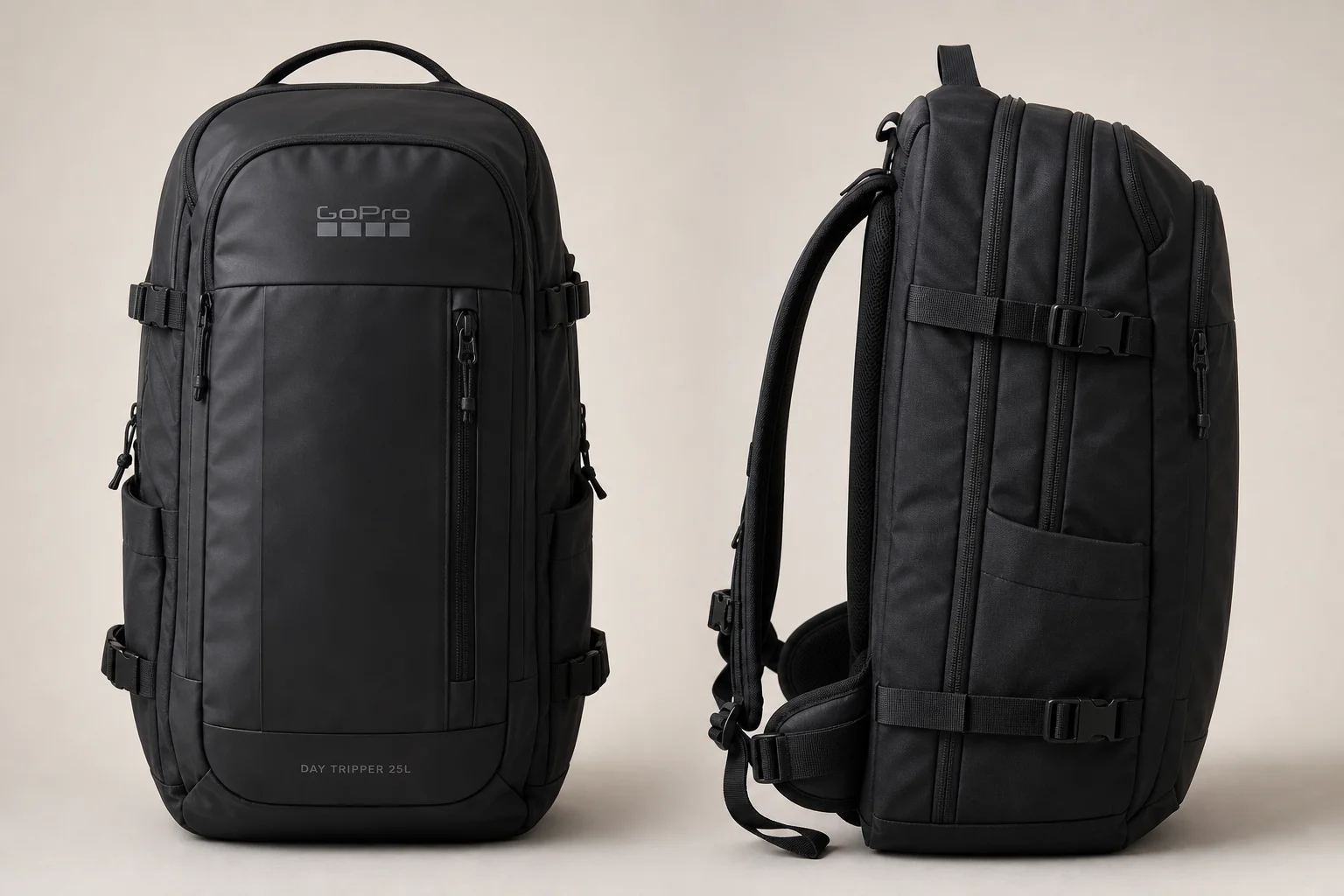 Collection of GoPro accessories including backpack, extension pole, mounts, and floaty on concrete surface