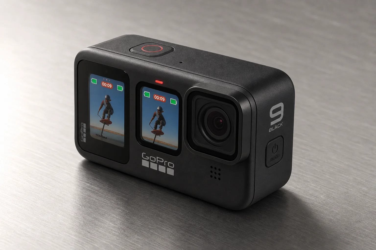 Cinque action camera disposte su una superficie in cemento in ordine decrescente