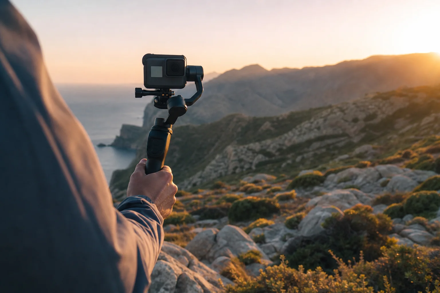 Filmmaker capturing landscape during golden hour with mounted camera
