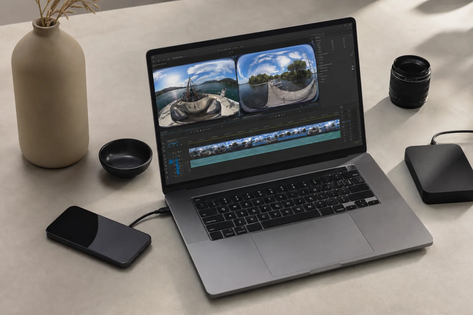 Laptop screen displaying 360 video editing software with spherical footage