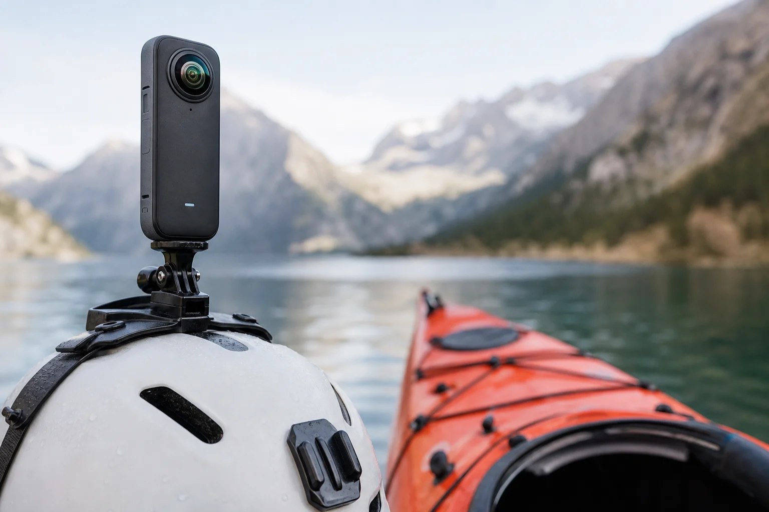 Compact camera mounted on action sports equipment in outdoor setting