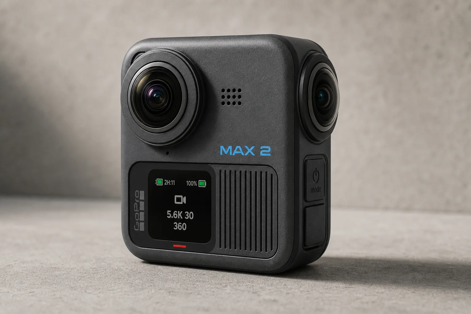 GoPro Max 2 360 camera on matte concrete surface showing dual-lens design