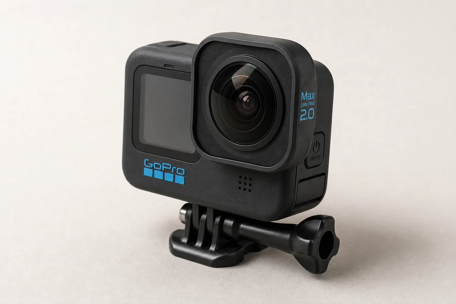 Collection of GoPro accessories including backpack, extension pole, mounts, and floaty on concrete surface