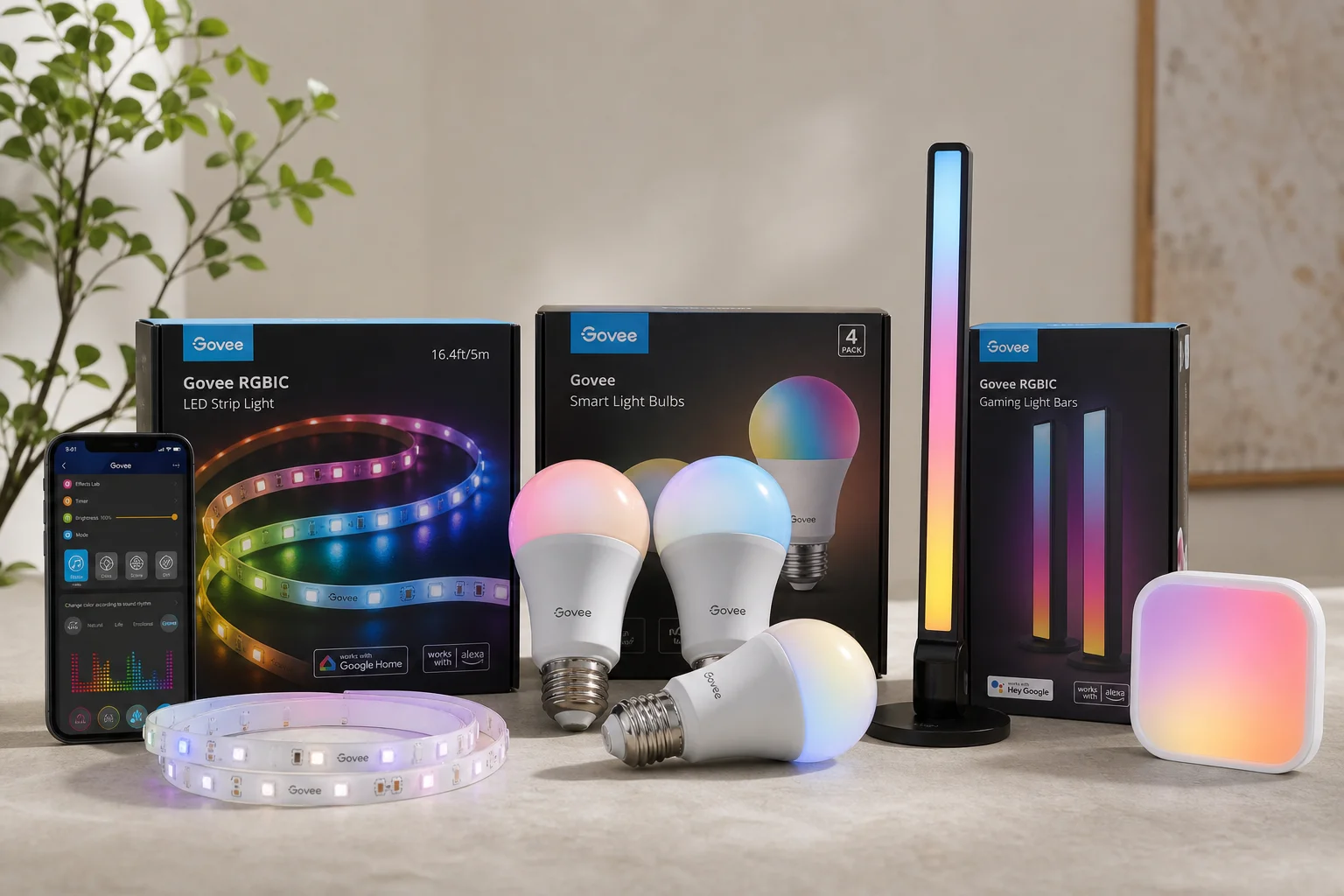 Smart home devices including hub, streaming device, thermostat, lock, and lights on a desk