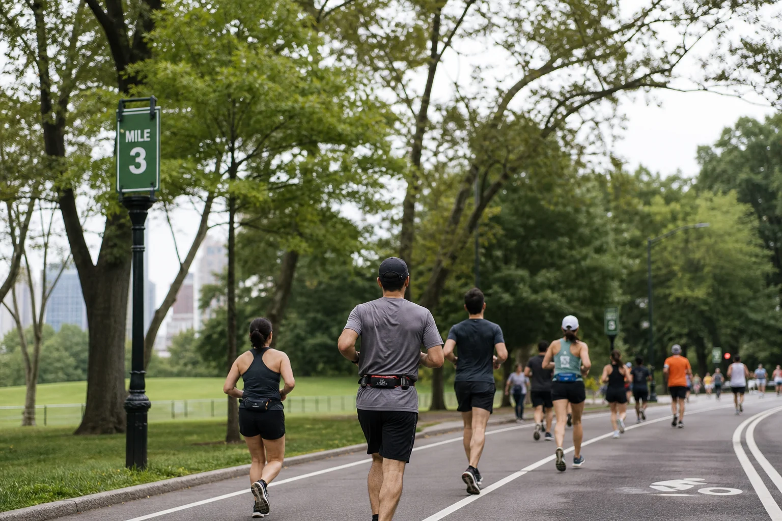 跑者在城市公園參加 5K 路跑賽，路邊可見里程標示