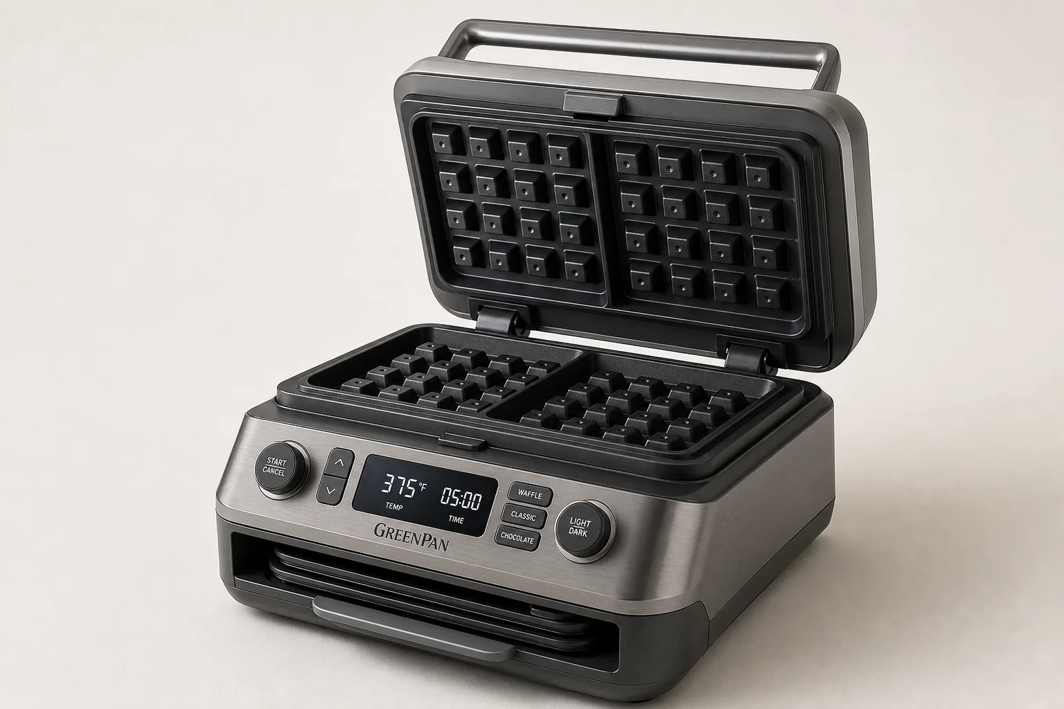 Five non-toxic waffle makers arranged on concrete surface