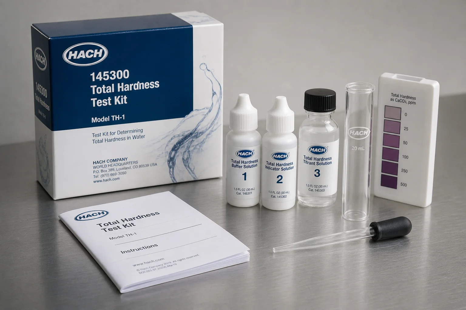Collection of water test kits including strips, digital photometer, and test tubes on grey surface