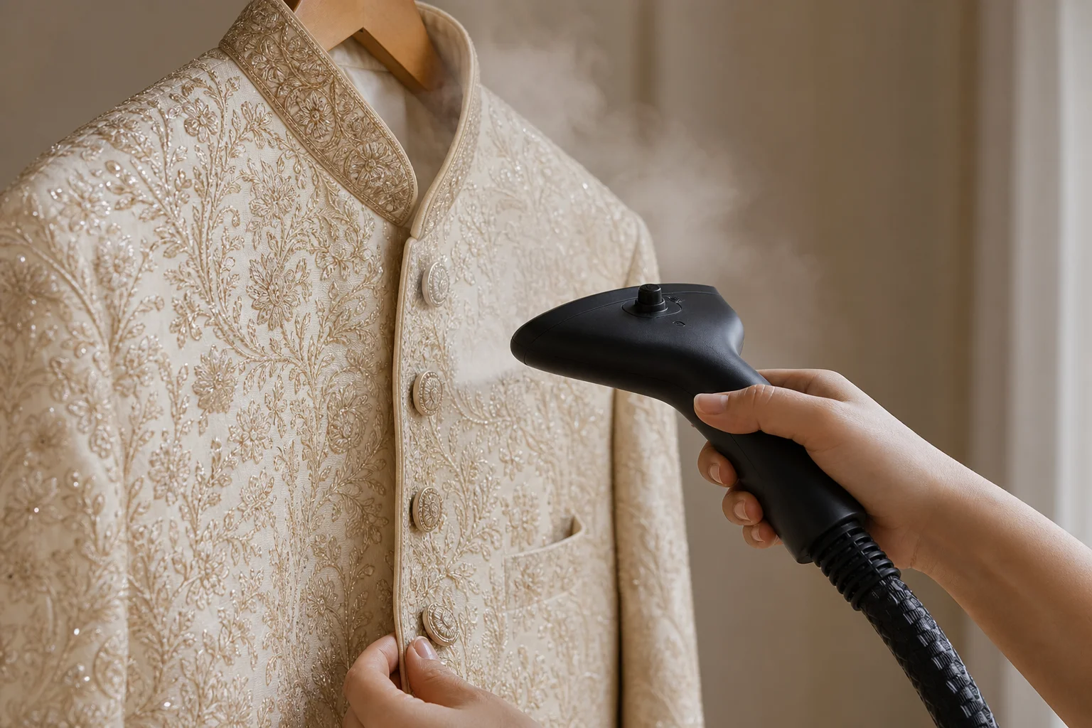 Hands steaming a heavily embroidered formal garment on a hanger