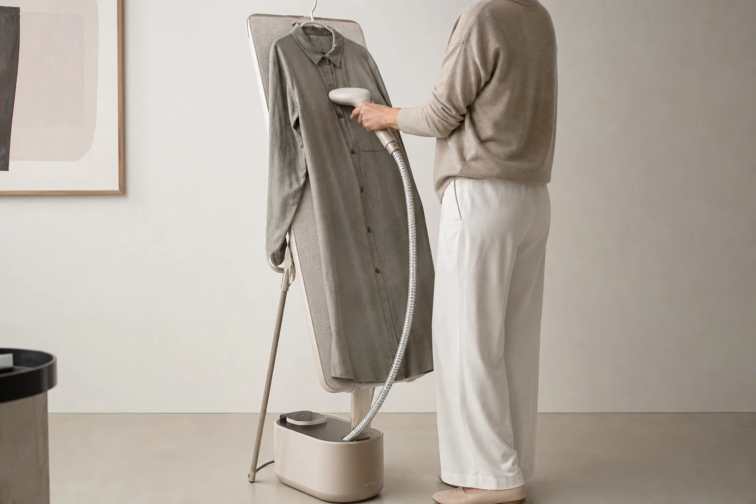 Person using an upright garment steamer with proper posture and support board