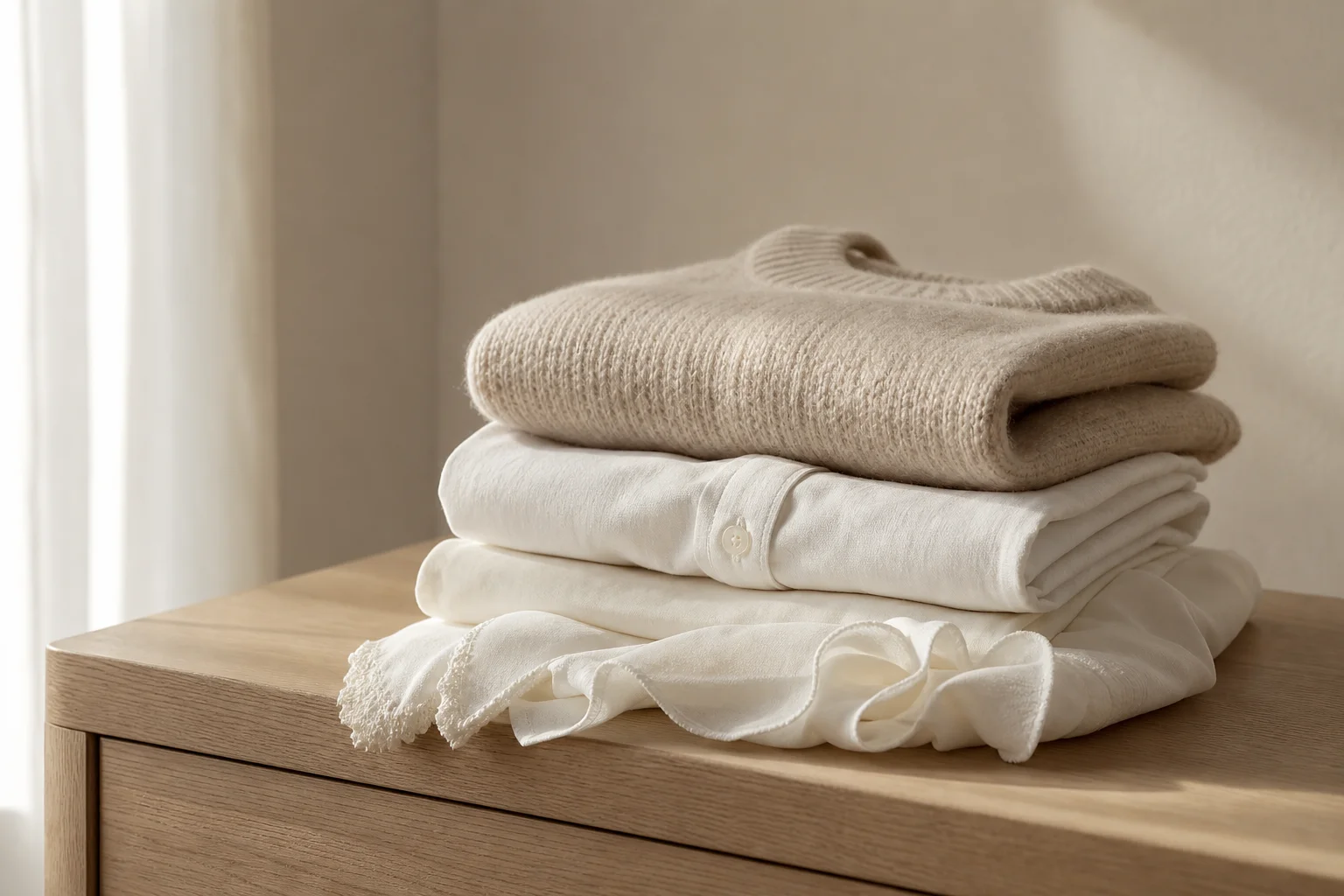 Folded garments laid out after steaming, showing wrinkle-free results