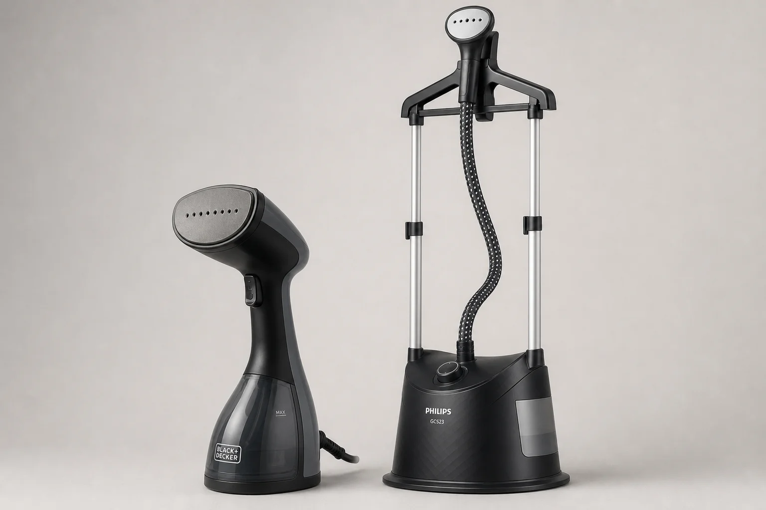 Black and Decker 手持式掛燙機與 Philips GC523 直立式掛燙機並排展示