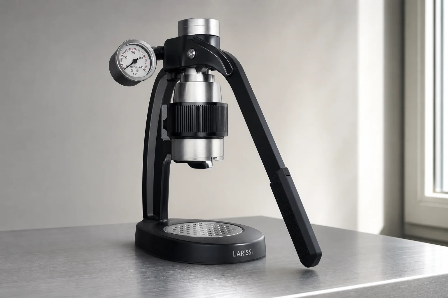 Four portable espresso makers arranged on concrete surface