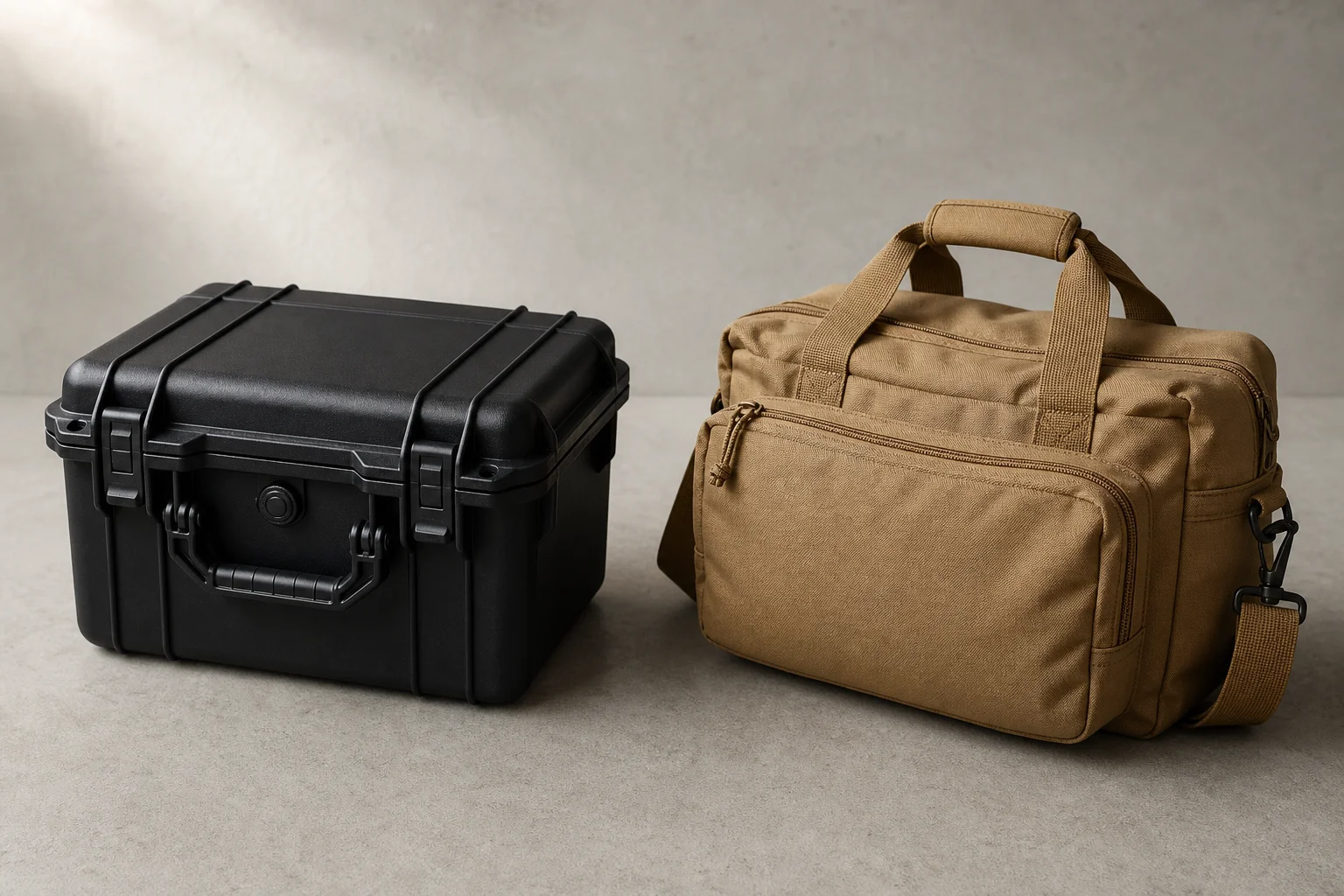 Hard-shell case and soft-shell bag side by side on concrete surface