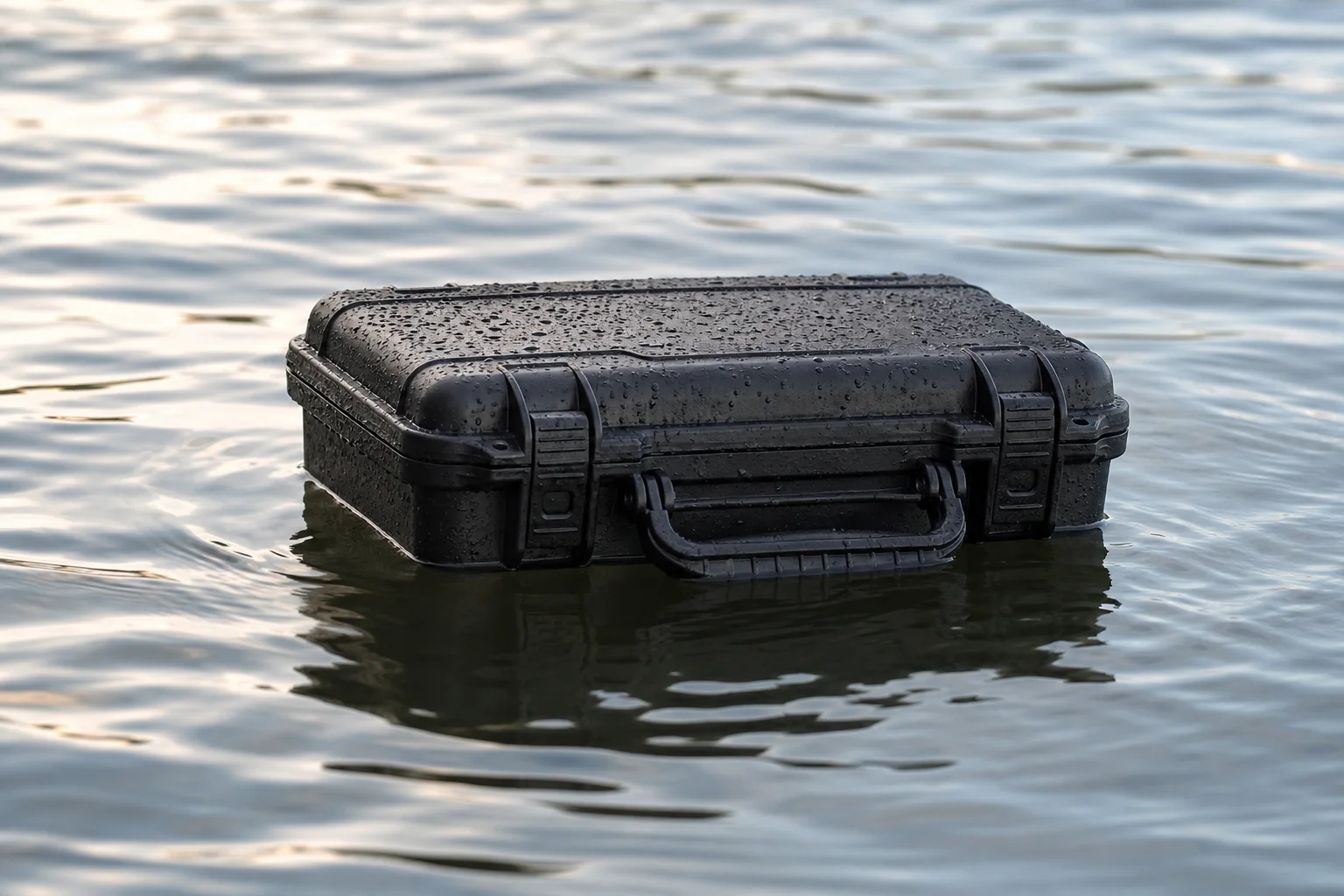 Hard-shell case floating on water during durability test