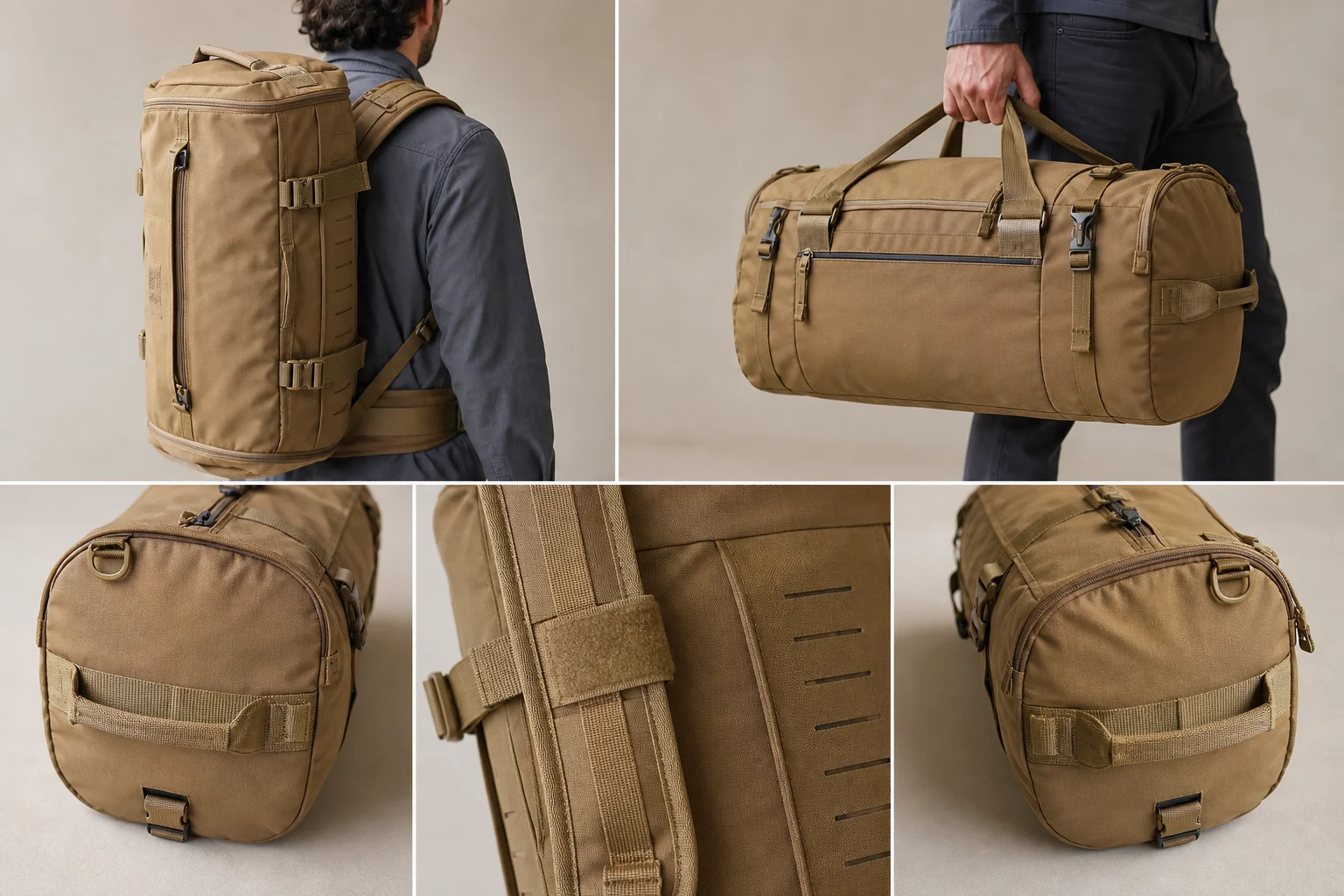 Soft-shell bag showing multiple carrying handles and backpack straps