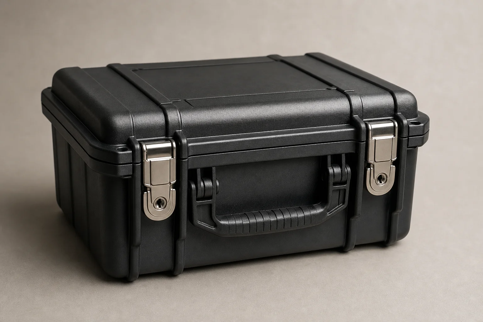 Hard-shell case showing latches with padlock holes and rigid construction