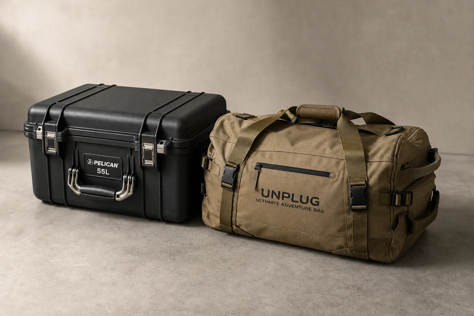 Pelican hard-shell case and Unplug soft-shell bag side by side on concrete