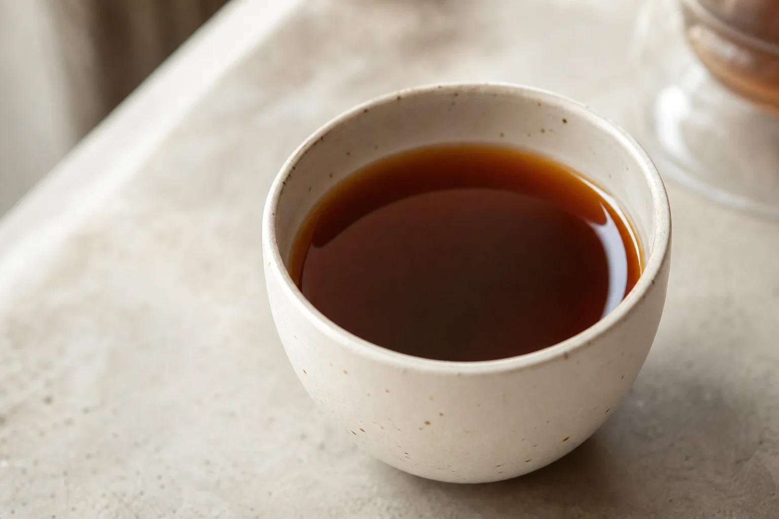 Finished cup of pour-over coffee with rich amber color and visible clarity