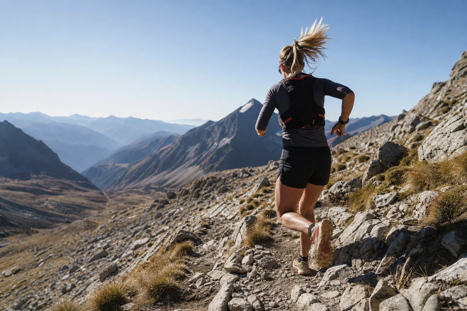 Trail runner descending a mountain path in bright sunlight