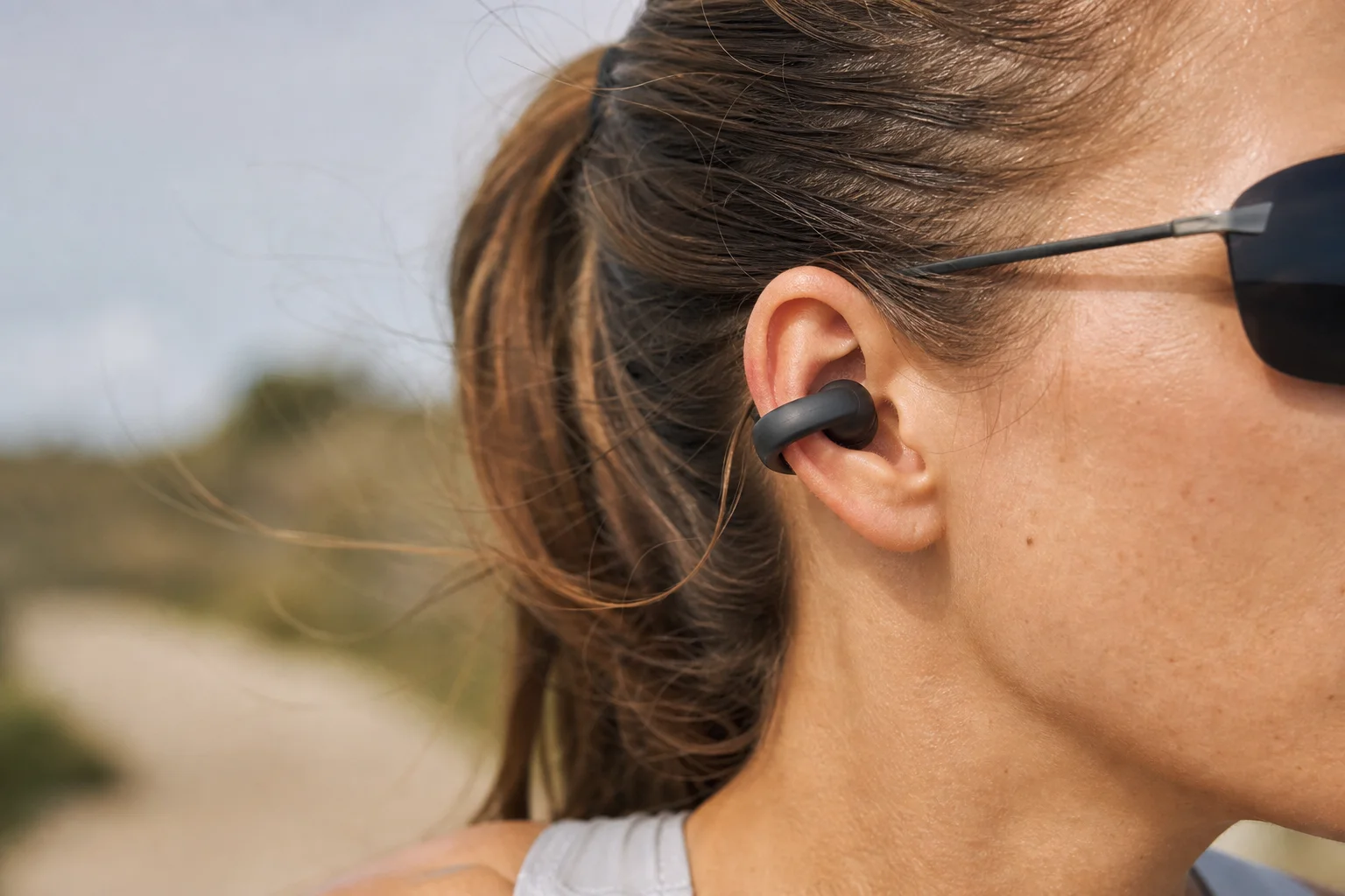 Close-up of runner's ear with clip-style earbuds and sunglasses
