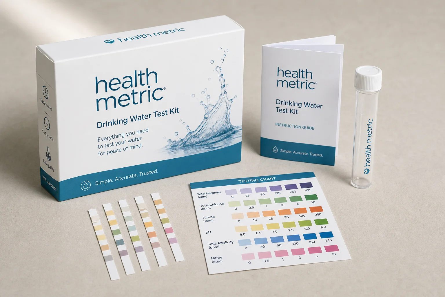 Collection of water test kits including strips, digital photometer, and test tubes on grey surface