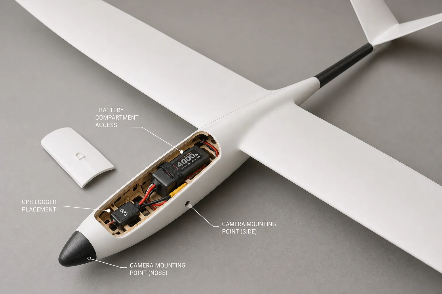 可見機載攝影機支架與電池艙的 RC 滑翔機