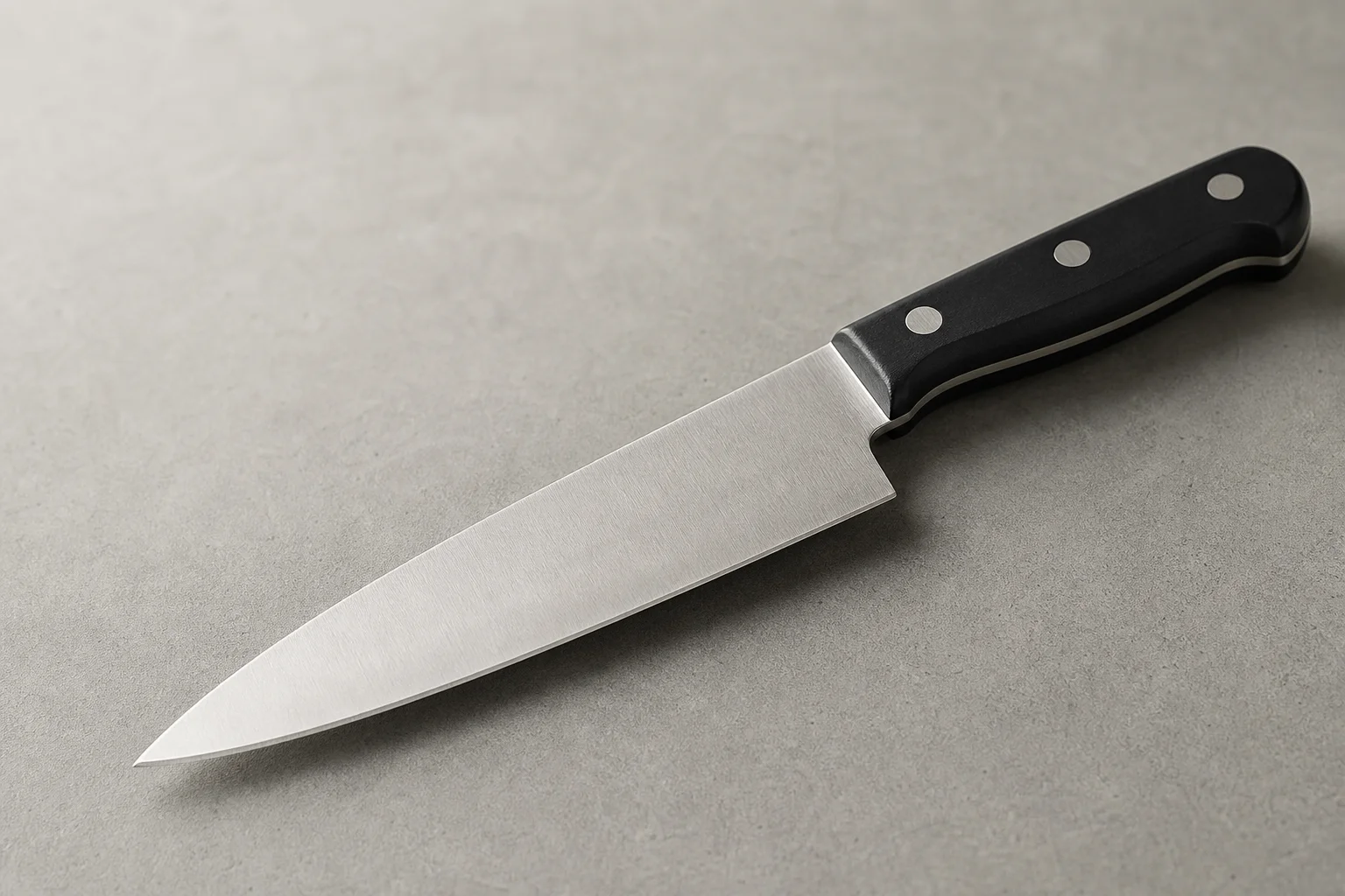 Collection of eight chef's knives arranged diagonally on concrete surface showing various styles and price points