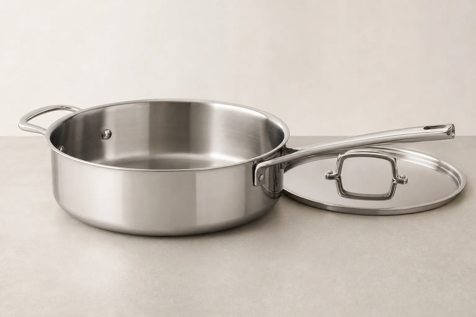 Essential cookware collection including frying pan, saute pan, cast iron skillet, non-stick pan, baking sheet, and Dutch oven