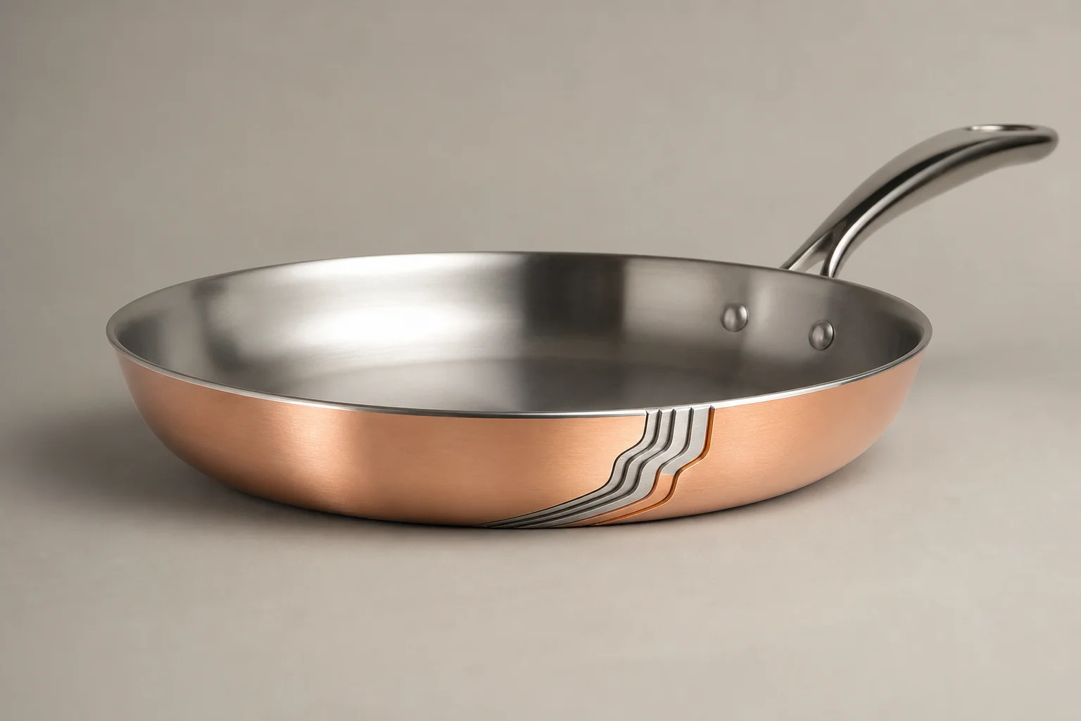Collection of six stainless steel frying pans with varied finishes and handle styles on concrete surface