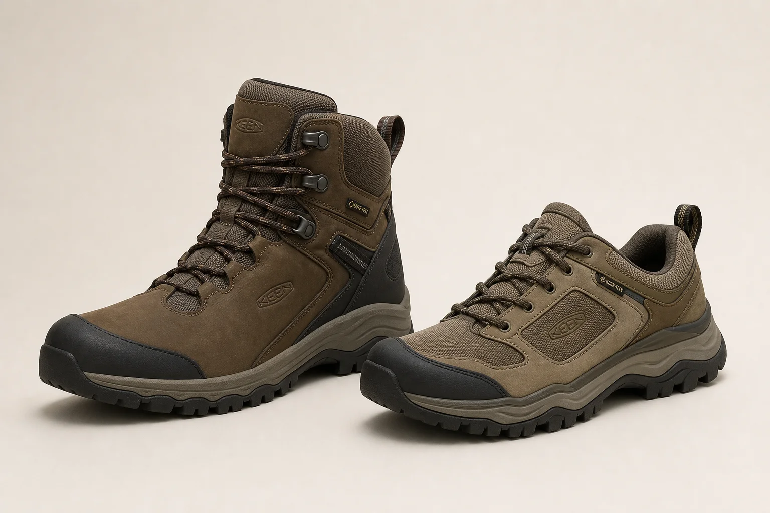 La Sportiva TX Hike 登山靴與 Merrell Speed Solo 登山鞋並排擺放在中性背景上