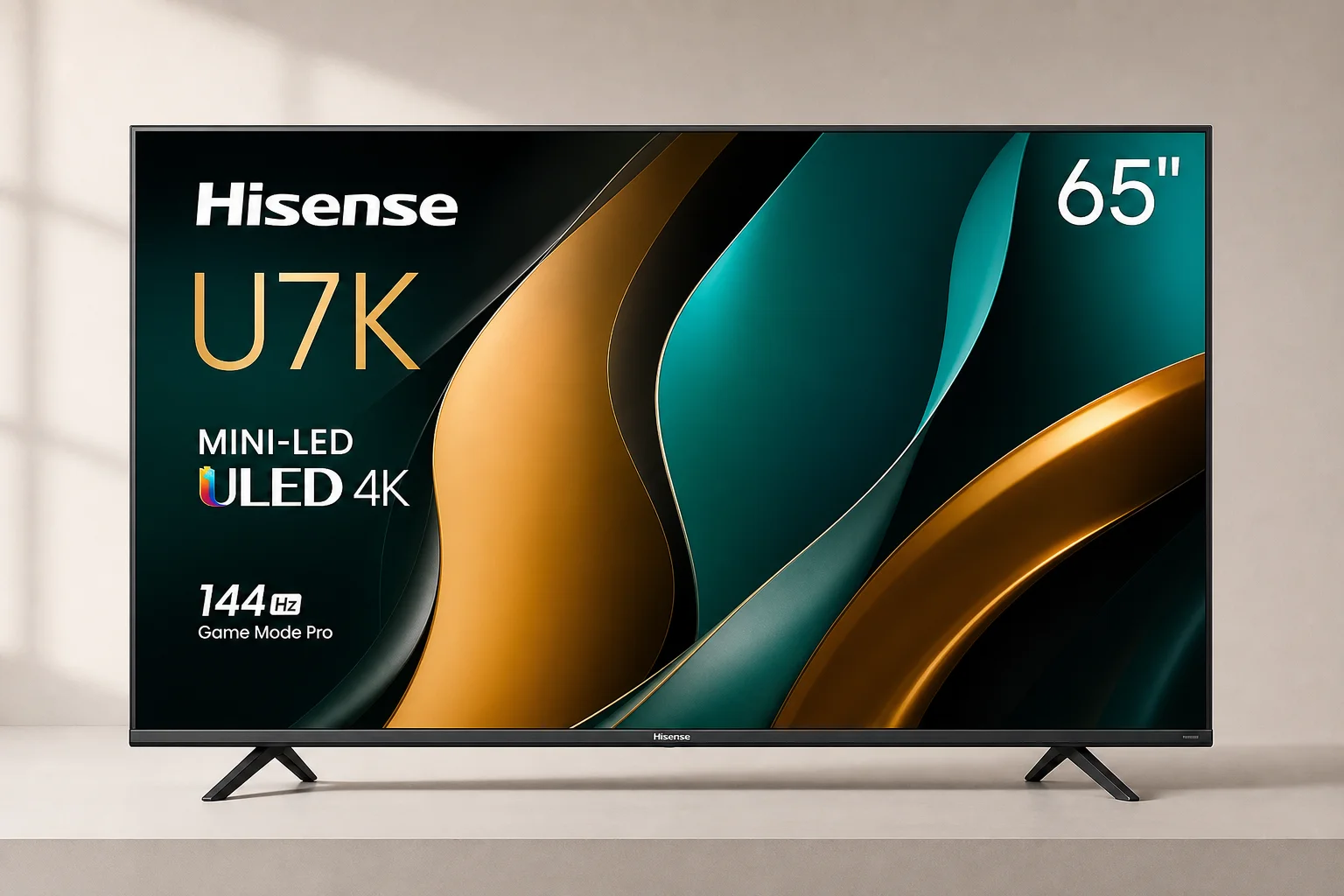 Lettore Blu-ray 4K e TV moderna su uno scaffale in metallo con illuminazione da studio soffusa