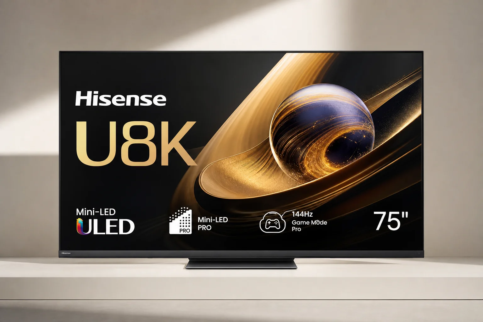 Lettore Blu-ray 4K e TV moderna su uno scaffale in metallo con illuminazione da studio soffusa
