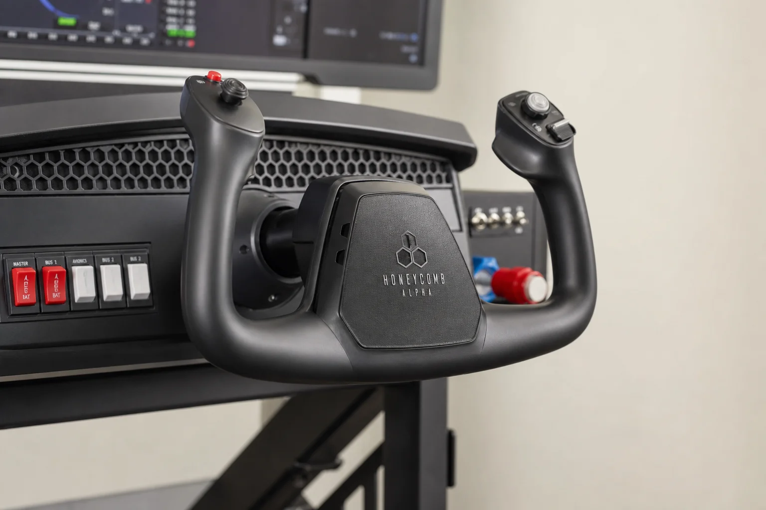 Professional home flight simulator cockpit with yoke, avionics, throttle controls, and triple monitors